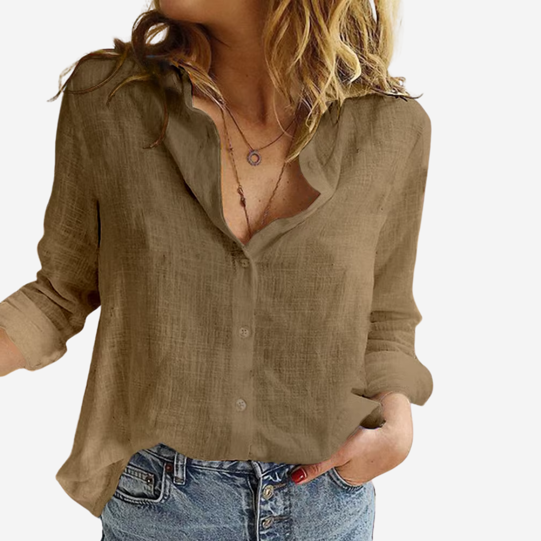 Women's Button-Front Blouse – Stand Collar, Roll-Tab Sleeves side view