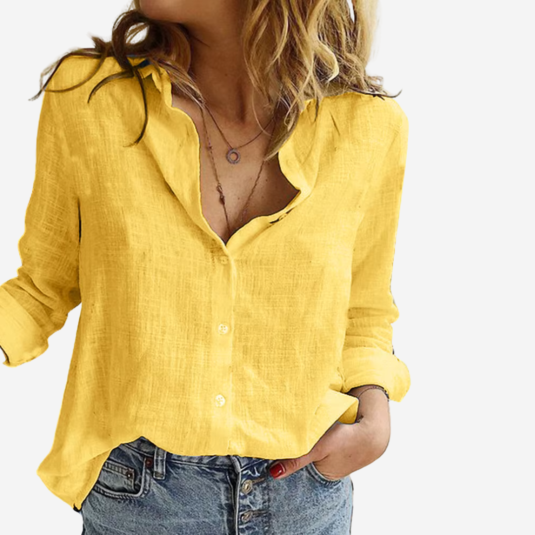 Women's Button-Front Blouse – Stand Collar, Roll-Tab Sleeves roll-tab sleeve detail