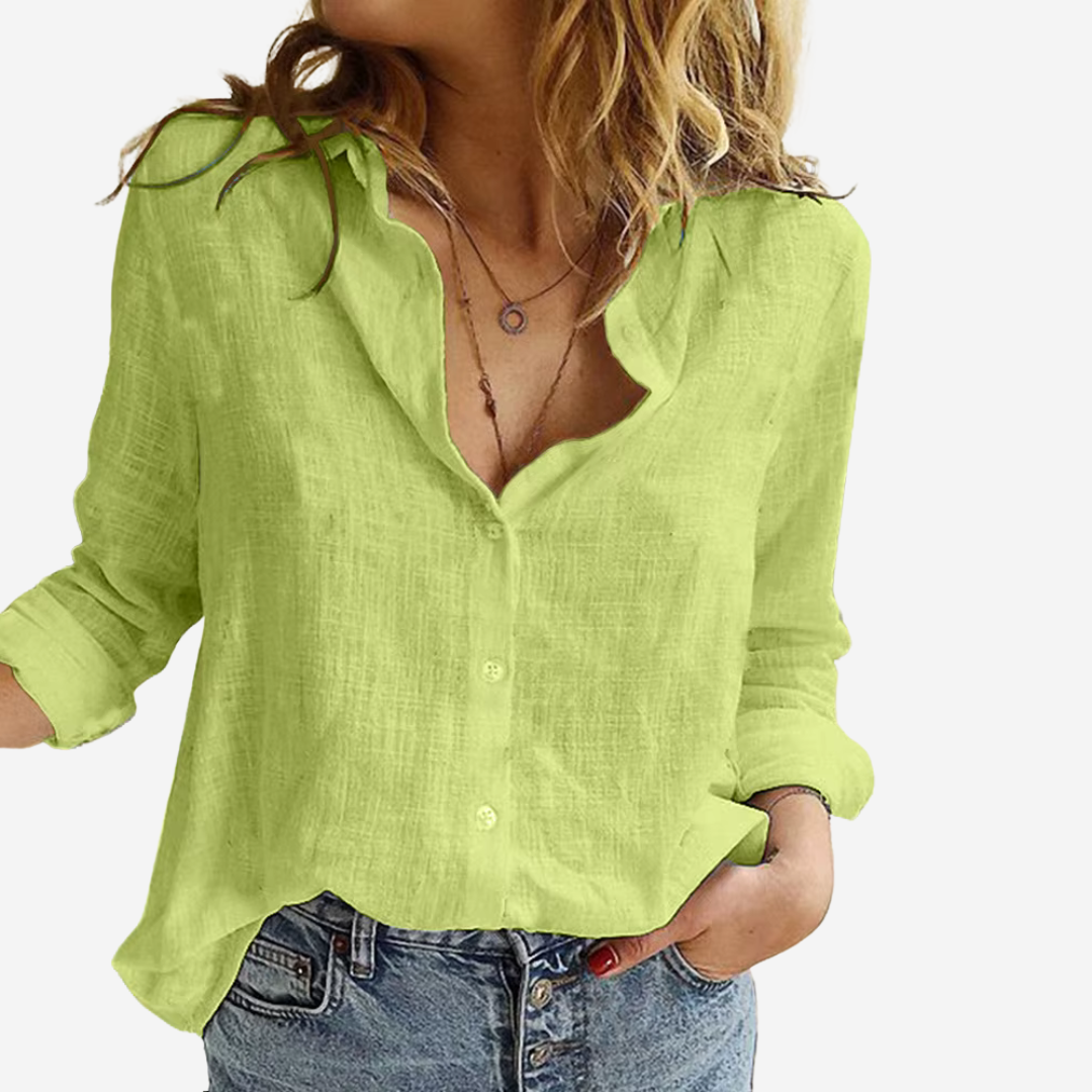 Women's Button-Front Blouse – Stand Collar, Roll-Tab Sleeves button placket detail