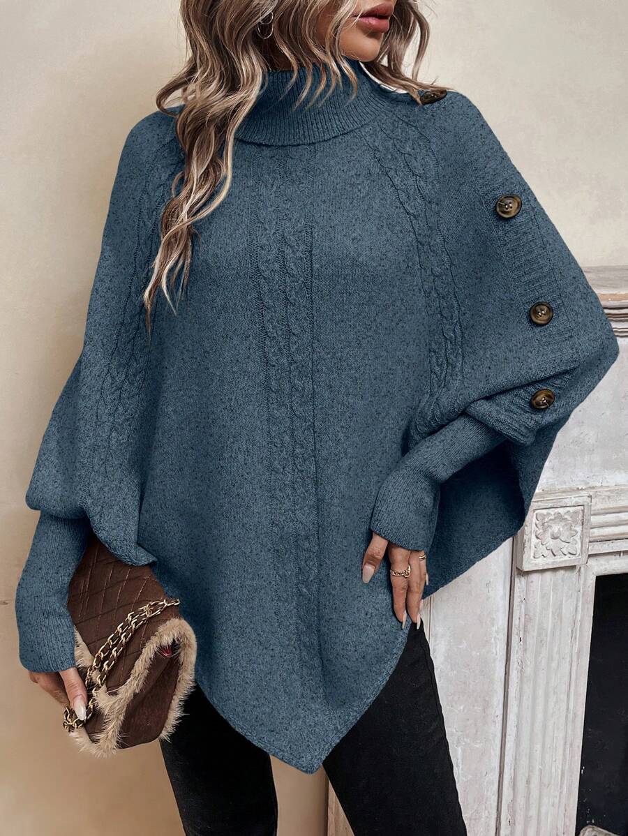 Women's Cable Knit Jumper – Turtleneck, Button Shoulder, Pointed Hem cable panel close-up