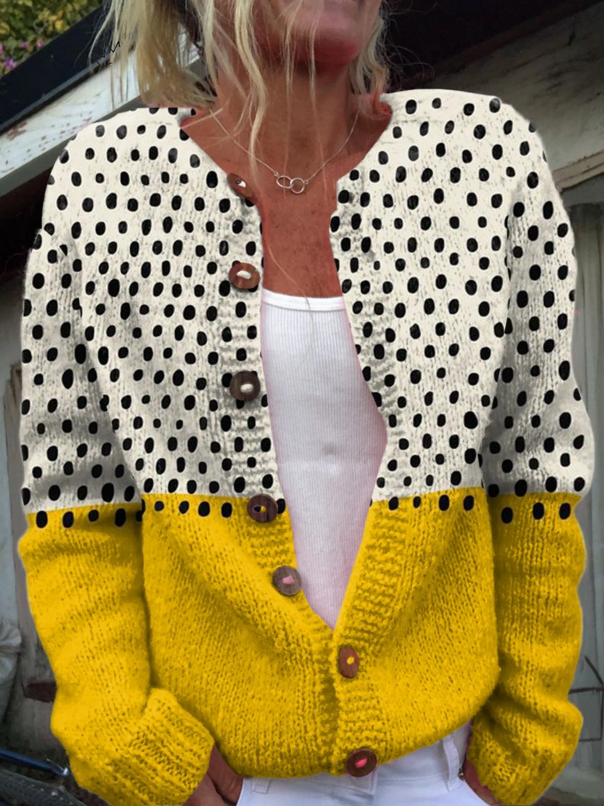 Women's Colourblock Knit Cardigan – Polka-Dot Panel, Wooden Buttons