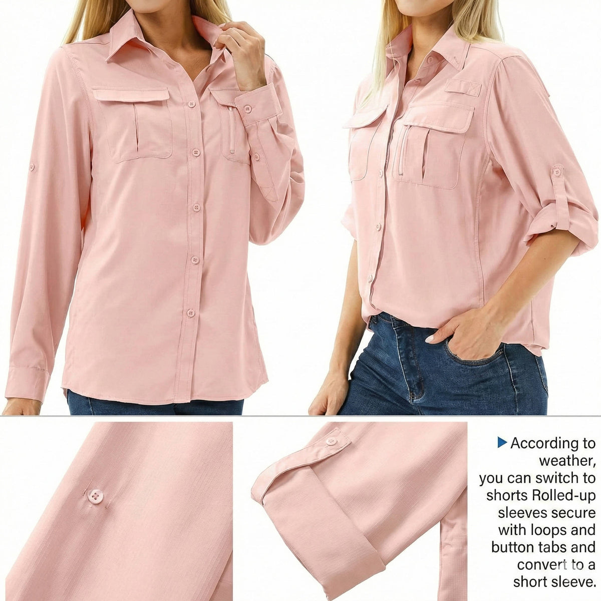 Women's Convertible Long Sleeve Shirt – Mesh Back, Button-Roll Cuffs, Stand Collar back mesh panel