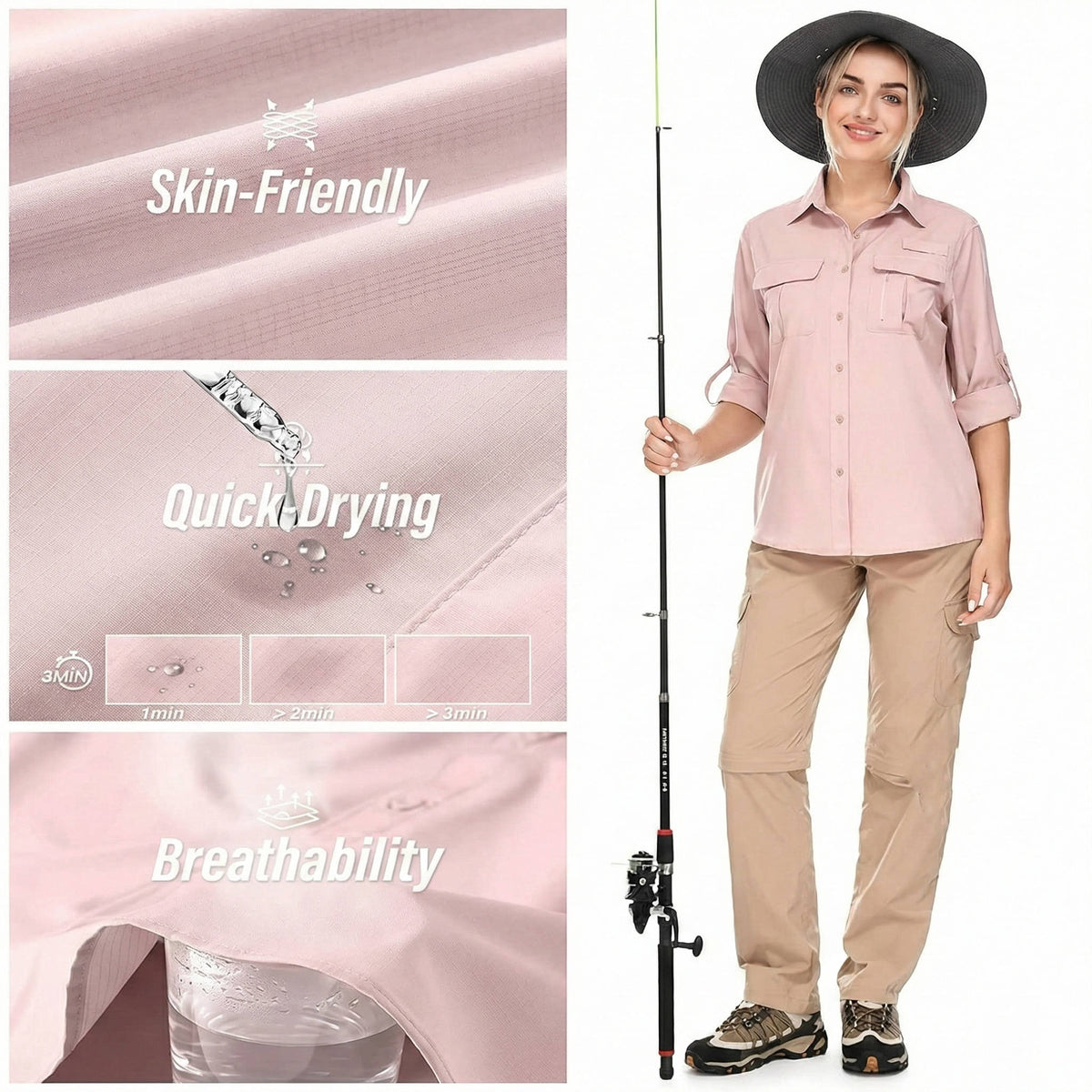 Women's Convertible Long Sleeve Shirt – Mesh Back, Button-Roll Cuffs, Stand Collar rolled sleeve detail