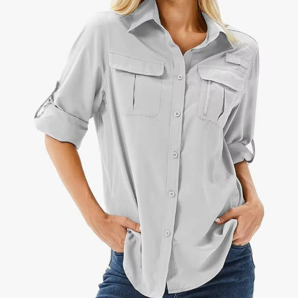 Women's Convertible Long Sleeve Shirt – Mesh Back, Button-Roll Cuffs, Stand Collar collar flipped up