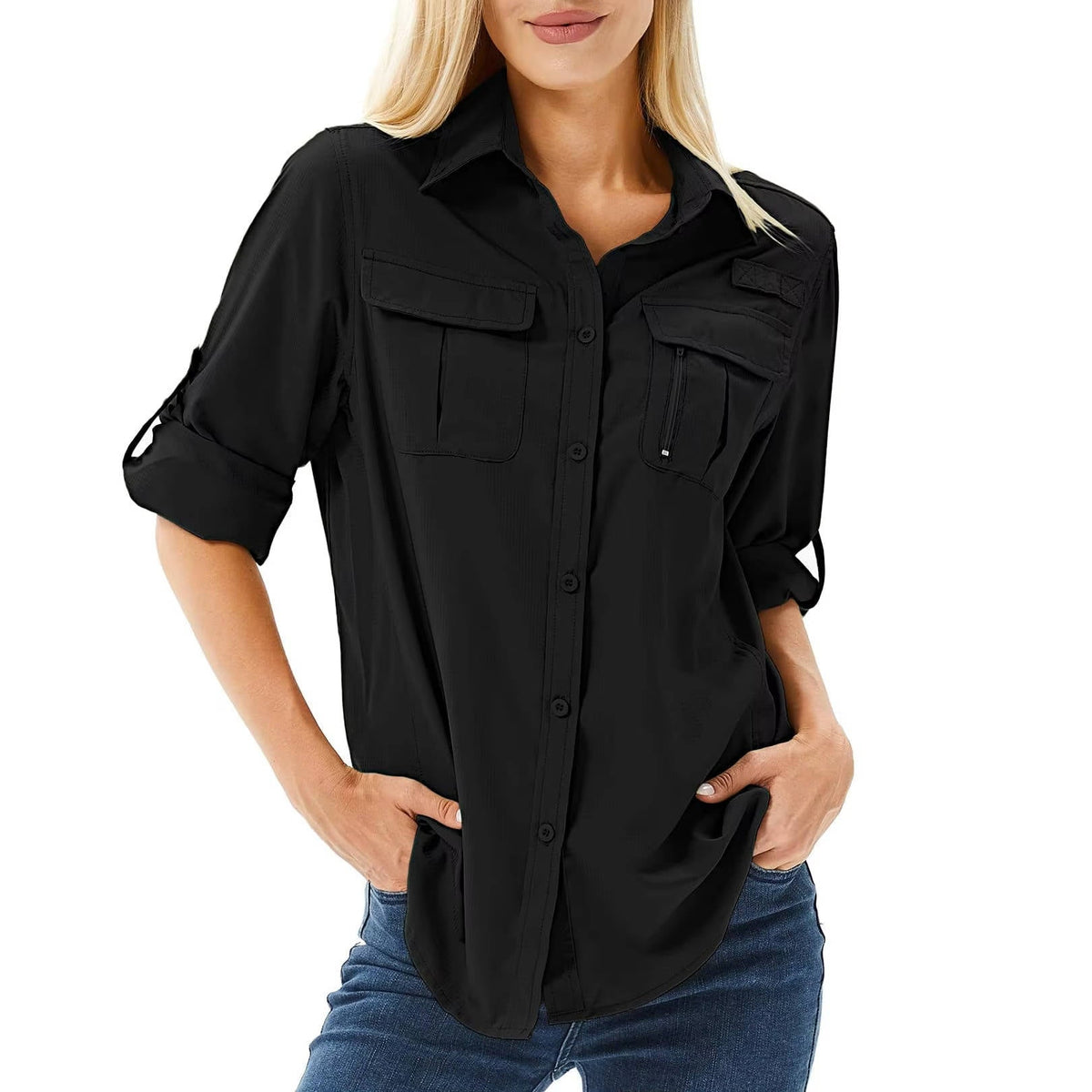 Women's Convertible Long Sleeve Shirt – Mesh Back, Button-Roll Cuffs, Stand Collar side view