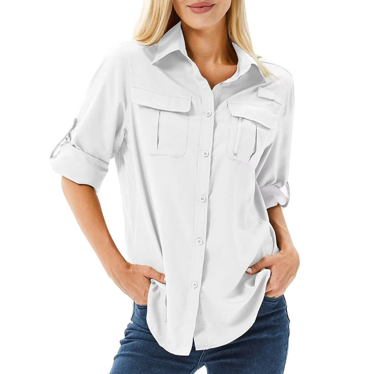 Women's Convertible Long Sleeve Shirt – Mesh Back, Button-Roll Cuffs, Stand Collar sleeve buttoned short