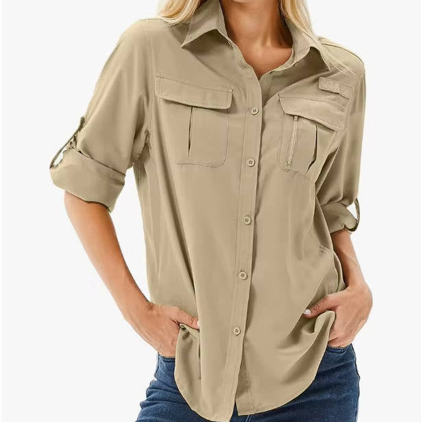 Women's Convertible Long Sleeve Shirt – Mesh Back, Button-Roll Cuffs, Stand Collar hem detail