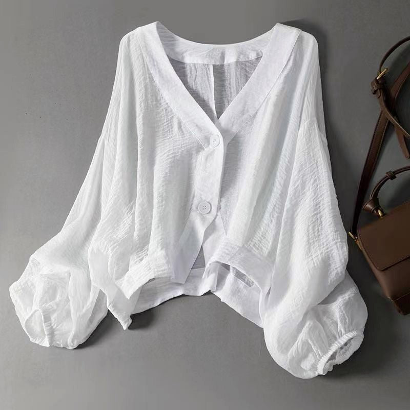 Women's Cropped Blouse – Deep V-Neck, Balloon Sleeves front view