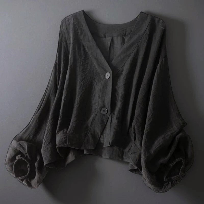 Women's Cropped Blouse – Deep V-Neck, Balloon Sleeves sleeve detail
