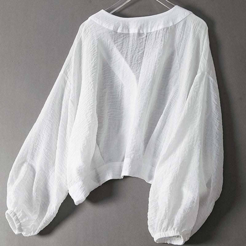 Women's Cropped Blouse – Deep V-Neck, Balloon Sleeves button placket
