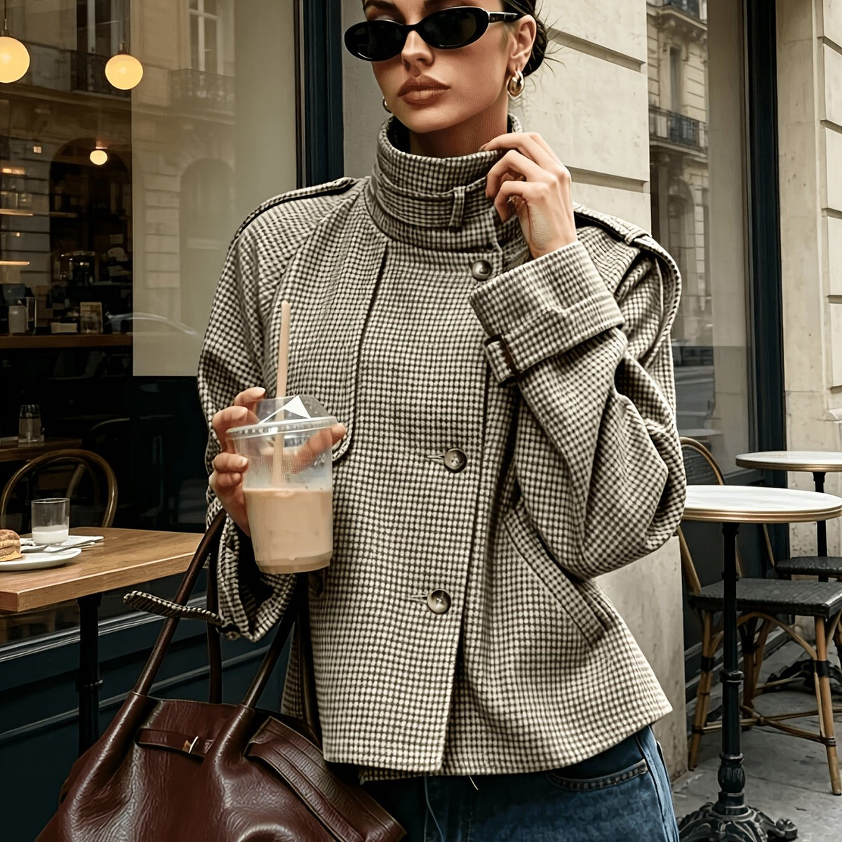 Women's cropped houndstooth jacket with stand collar, front view