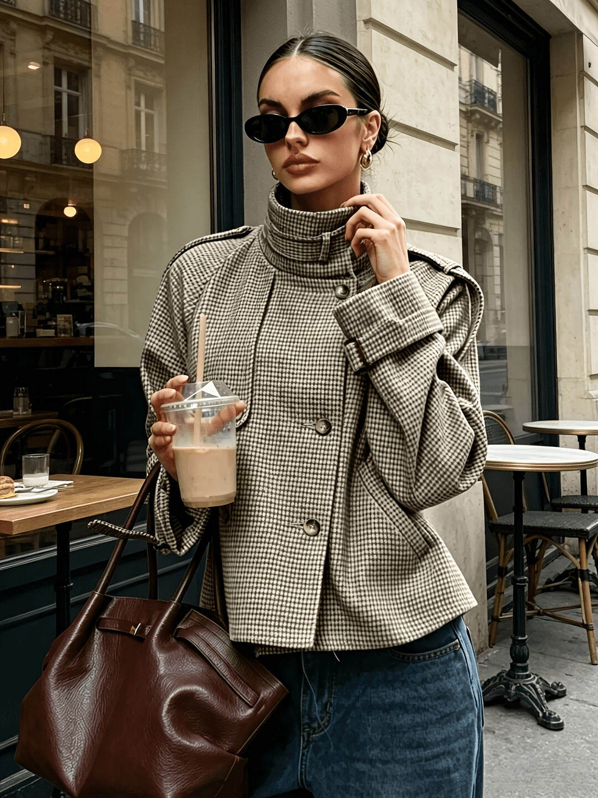Houndstooth jacket showing upright stand collar detail