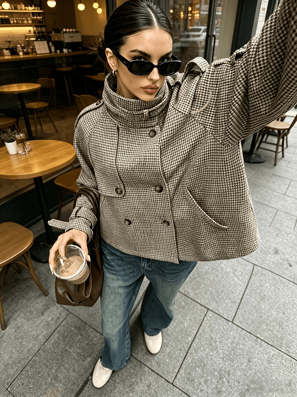 Back view of women's houndstooth jacket