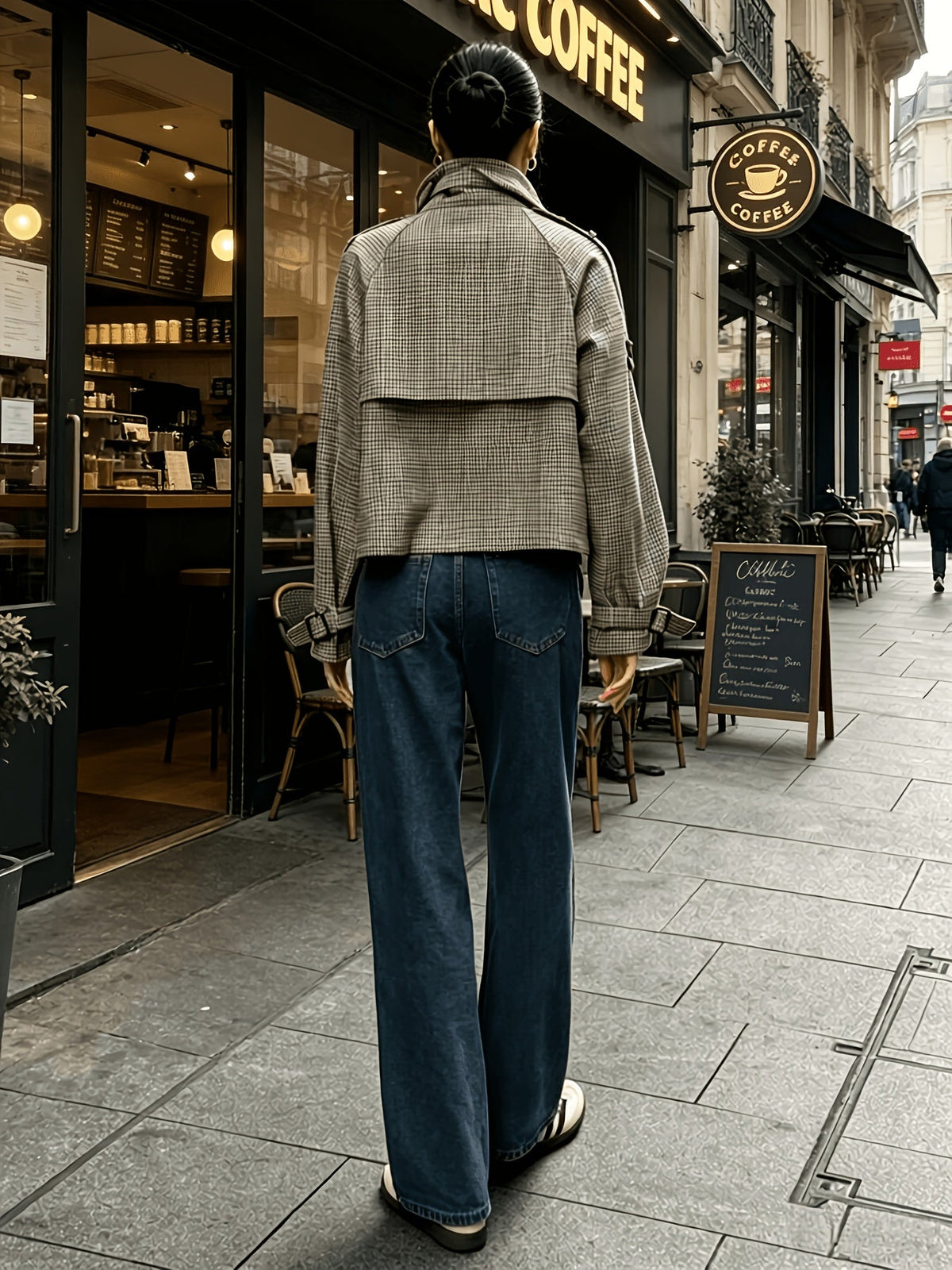 Full-length view of women's cropped houndstooth jacket