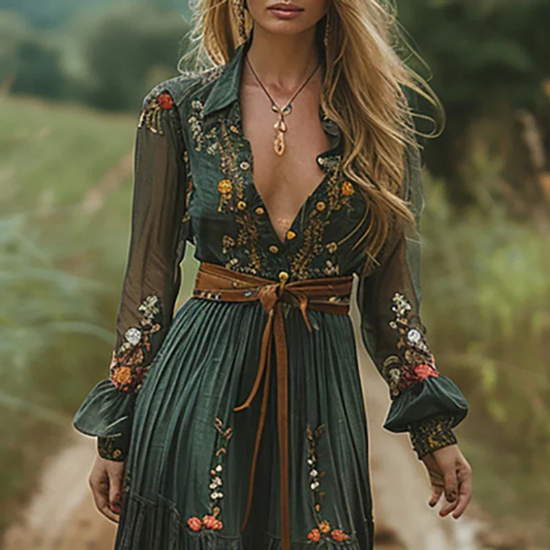 Robe longue en dentelle fleurie pour femme - décolleté en V profond, manches longues, ourlet à volants