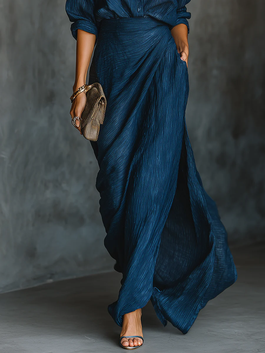 Women's long-sleeve V-neck top and maxi skirt full length