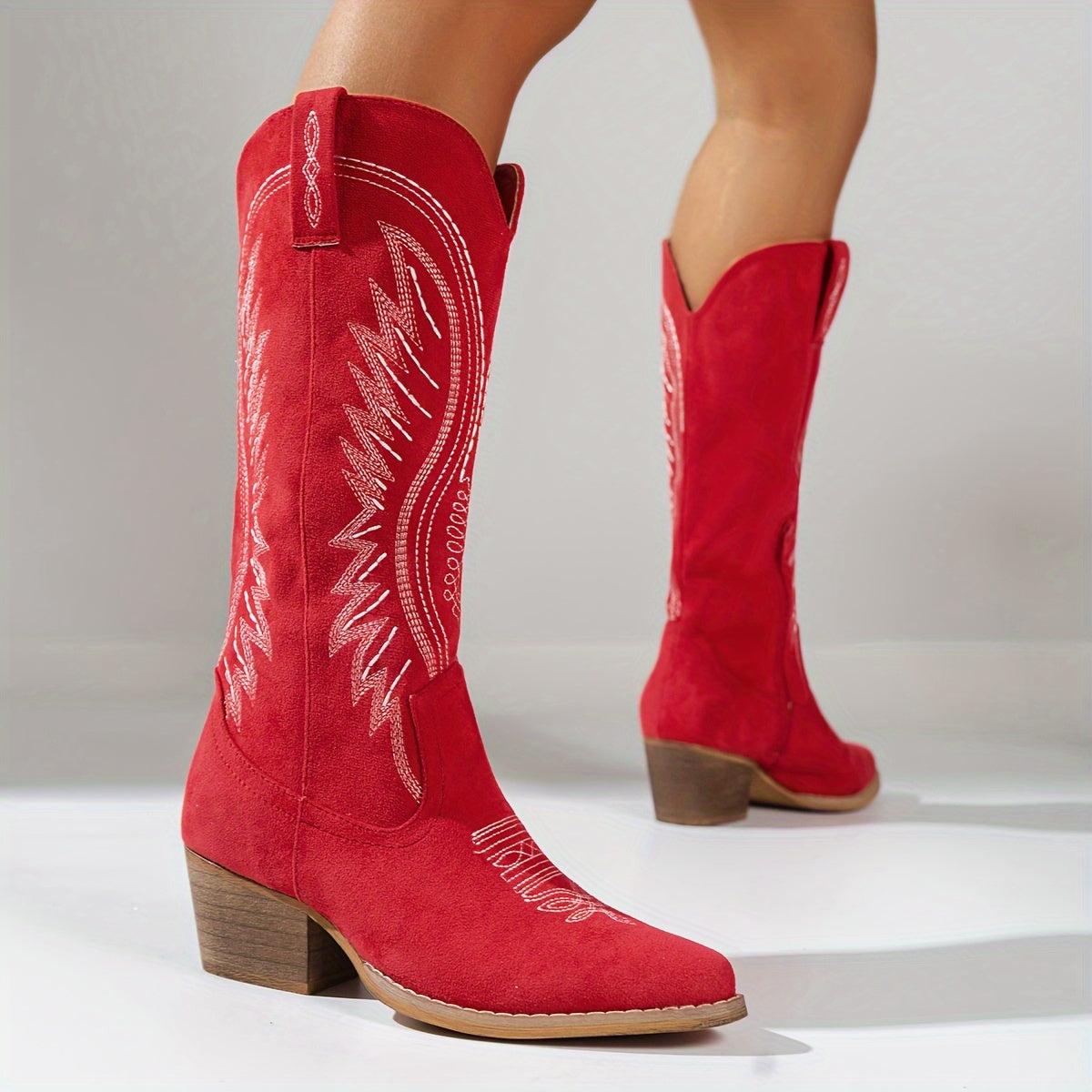 Women's Embroidered Western Knee-High Boots – Pointed Toe, Block Heel