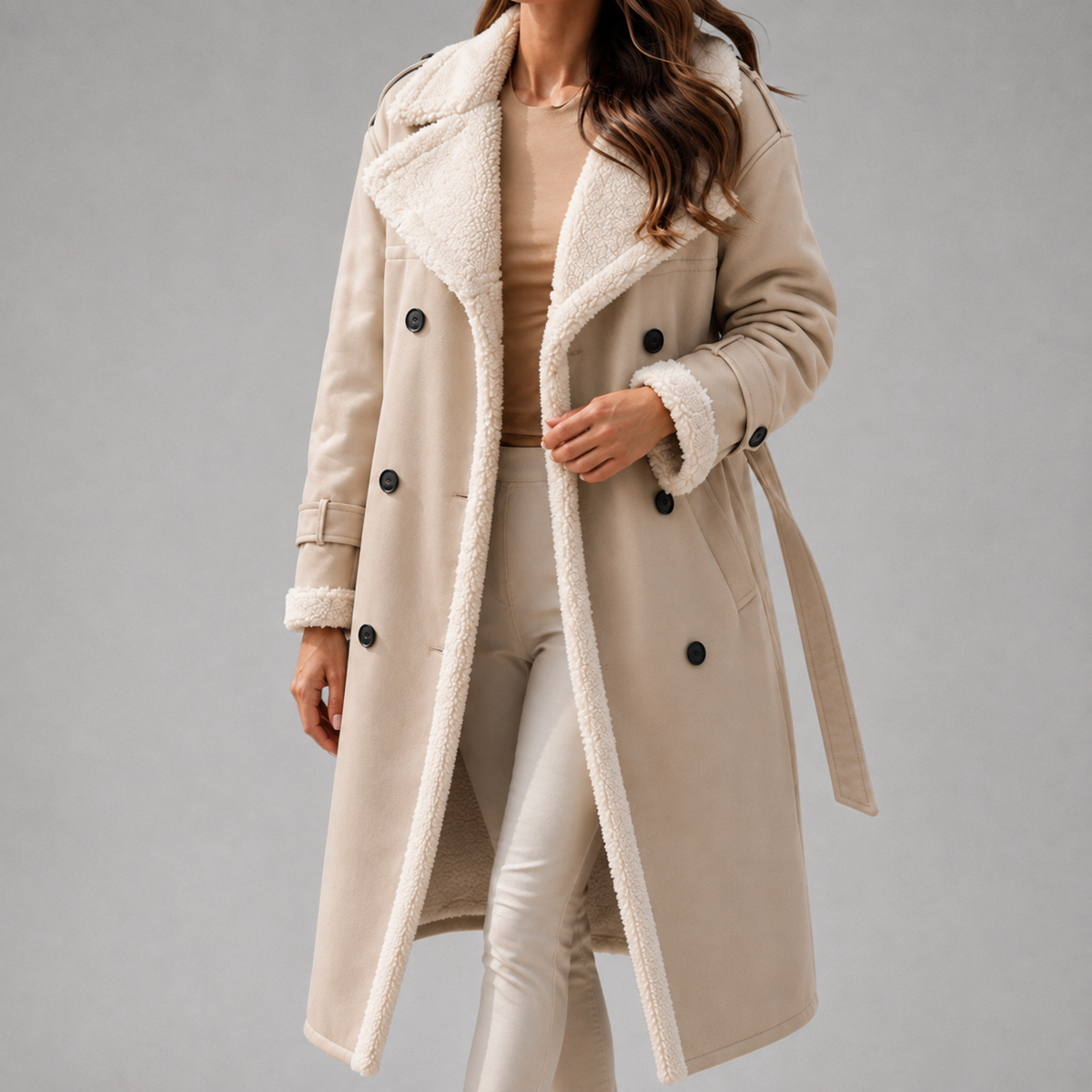 Women's Faux Suede Sherpa Lined Trench Coat – Double-Breasted, Belted Waist front view