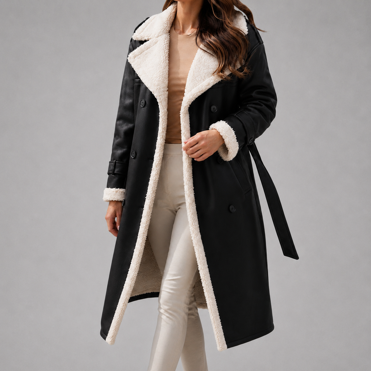 Women's Faux Suede Sherpa Lined Trench Coat – Double-Breasted, Belted Waist belted waist detail