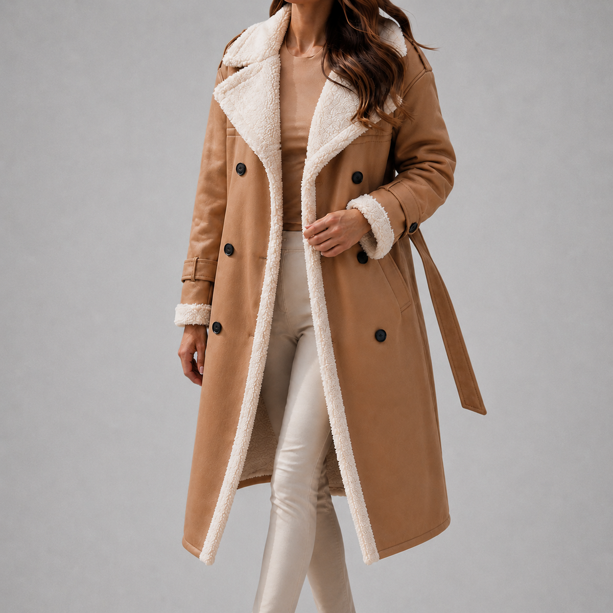 Women's Faux Suede Sherpa Lined Trench Coat – Double-Breasted, Belted Waist sherpa collar detail