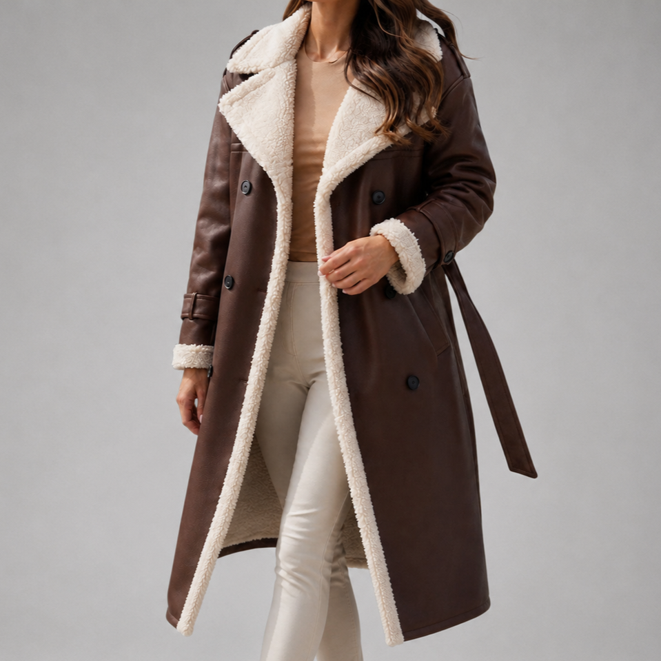Women's Faux Suede Sherpa Lined Trench Coat – Double-Breasted, Belted Waist back view