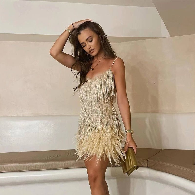 Women's Feather Mini Dress – Close Fit, Feather-Trimmed Hem back view