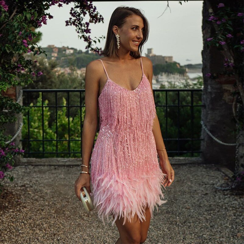 Women's Feather Mini Dress – Close Fit, Feather-Trimmed Hem feather hem detail