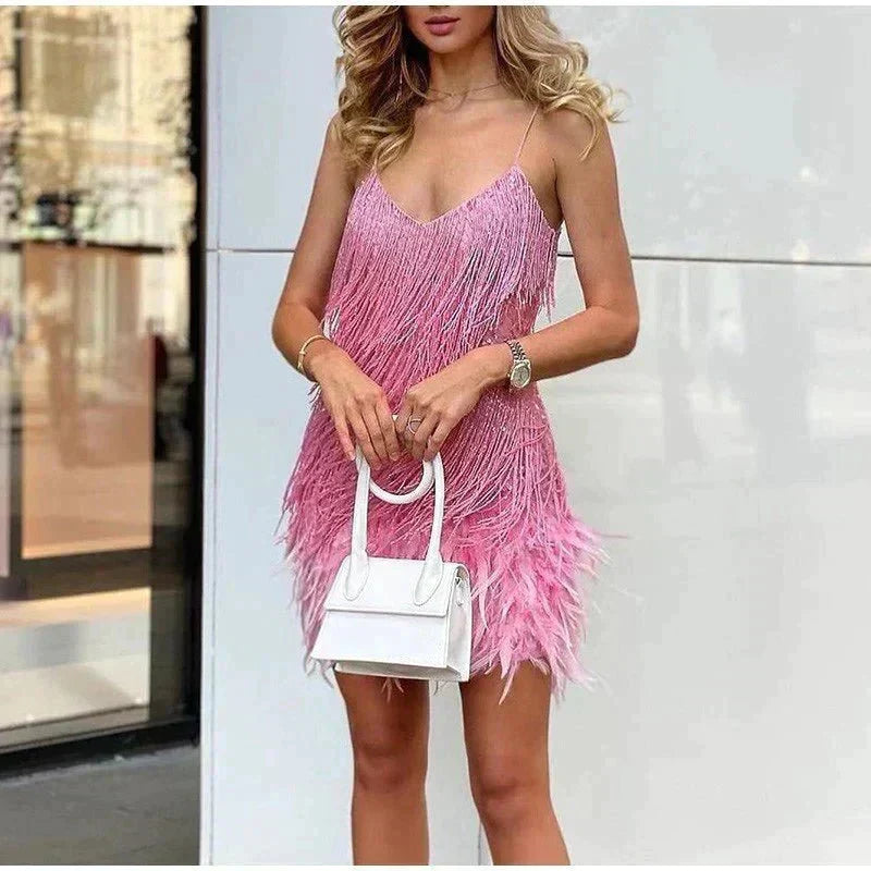 Women's Feather Mini Dress – Close Fit, Feather-Trimmed Hem seated view
