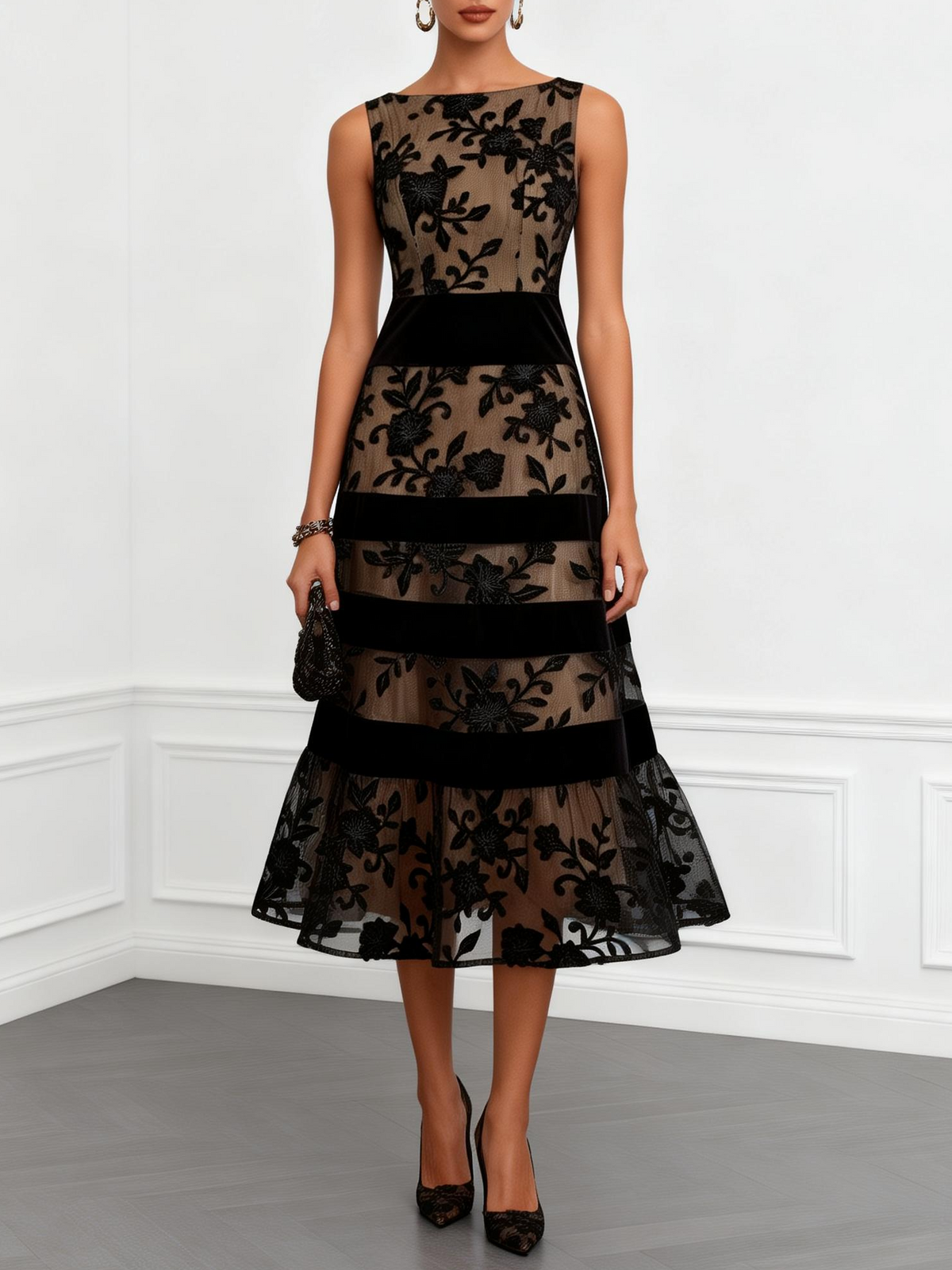 Women's Floral Appliqué A-Line Midi Dress – Boat Neck, Sheer Overlay front view