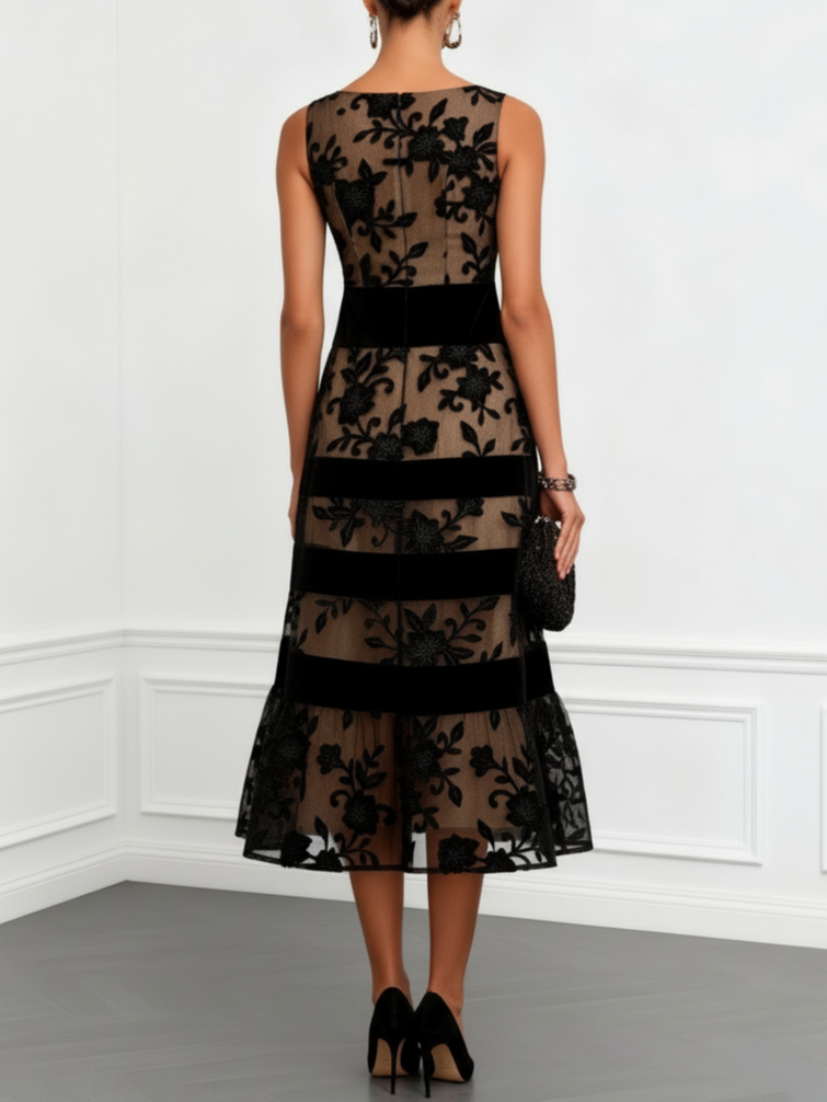 Women's Floral Appliqué A-Line Midi Dress – Boat Neck, Sheer Overlay bodice detail