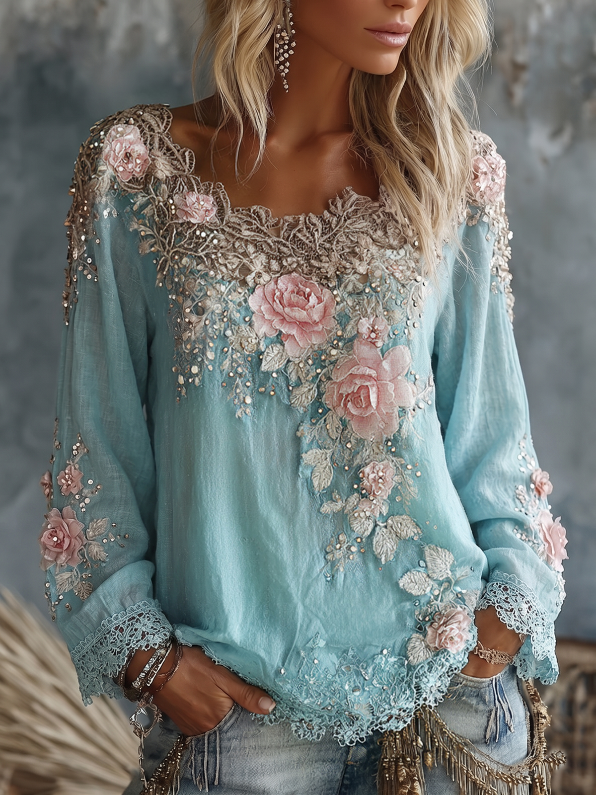 Women's Floral Embroidered Top – Crew Neck, Long Sleeve front view