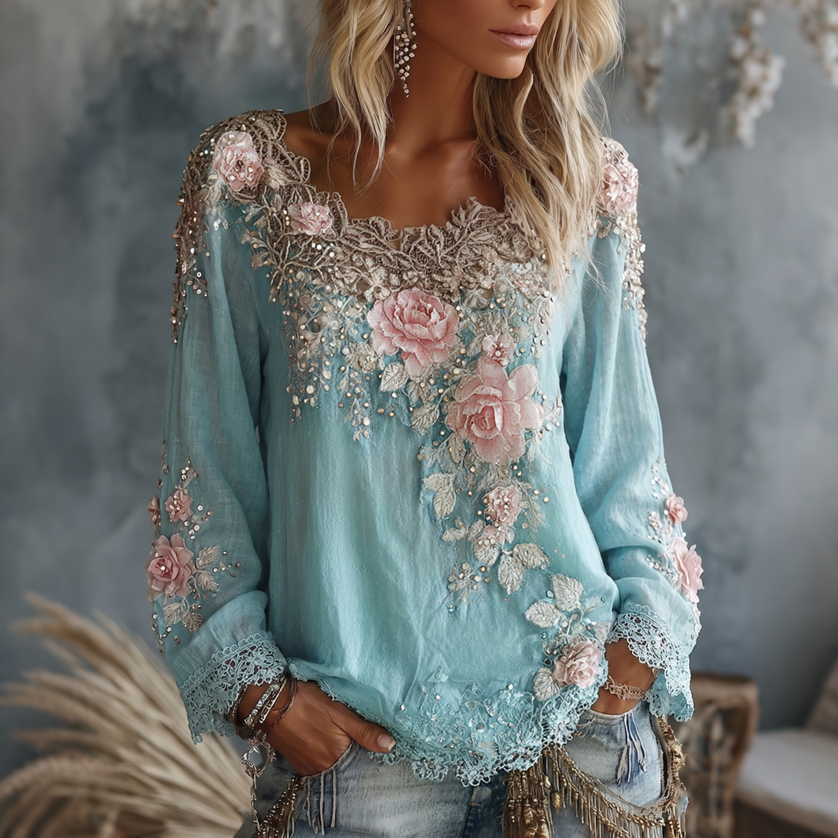 Women's Floral Embroidered Top – Crew Neck, Long Sleeve embroidery detail