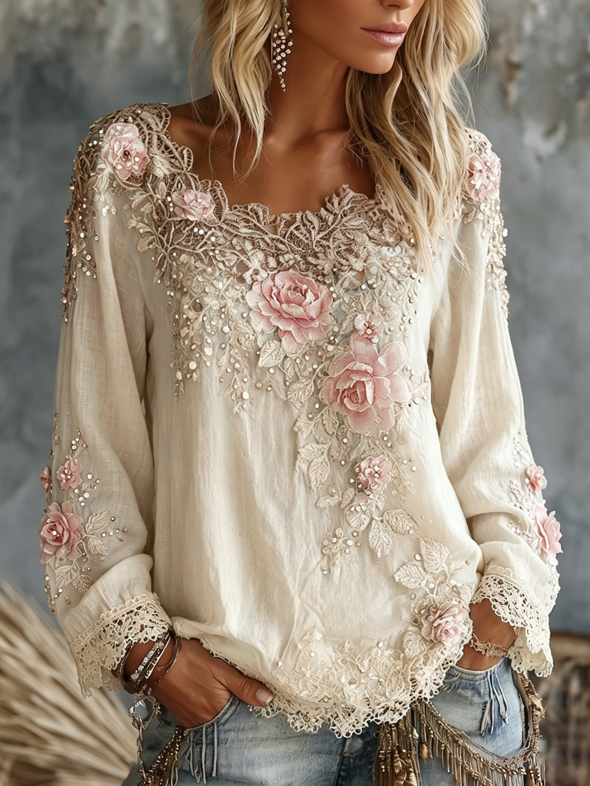 Women's Floral Embroidered Top – Crew Neck, Long Sleeve neckline close-up