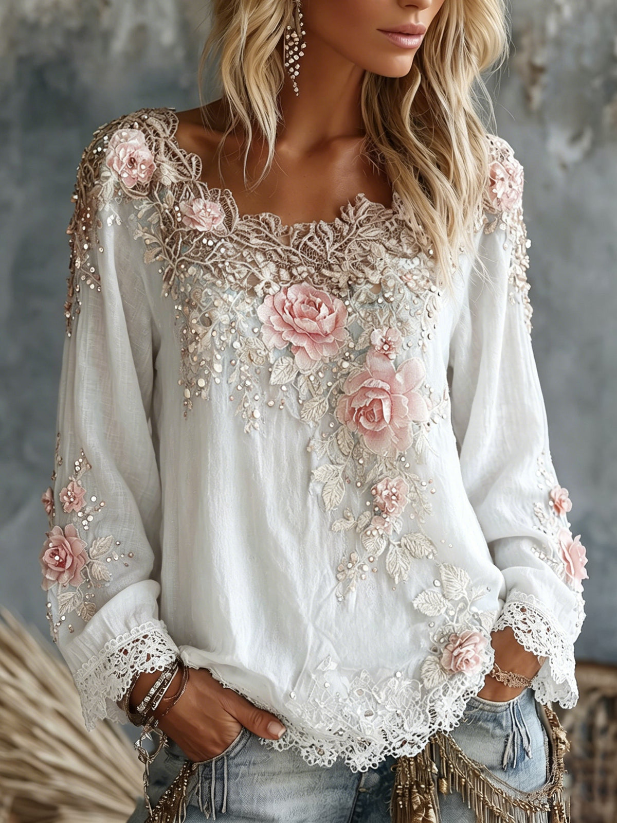 Women's Floral Embroidered Top – Crew Neck, Long Sleeve full-length view