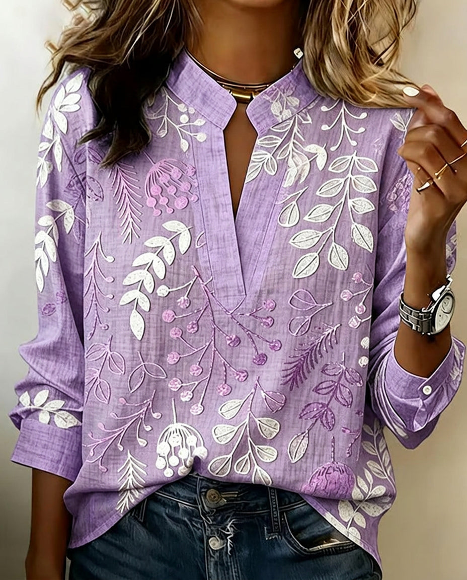 Women's Floral High-Collar Blouse – 3/4 Sleeves, Buttoned Front front view