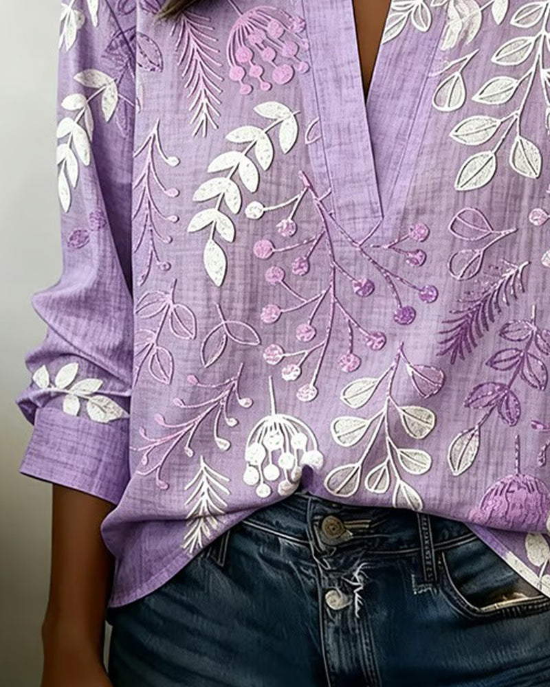 Women's Floral High-Collar Blouse – 3/4 Sleeves, Buttoned Front high collar detail