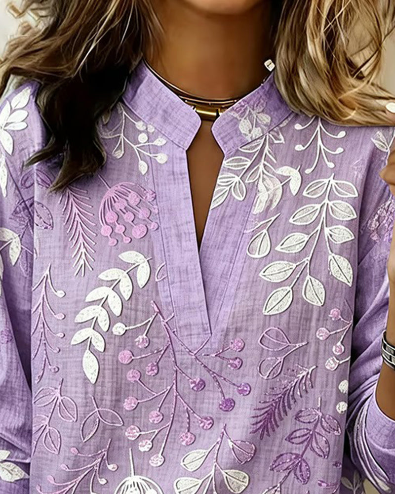 Women's Floral High-Collar Blouse – 3/4 Sleeves, Buttoned Front side view