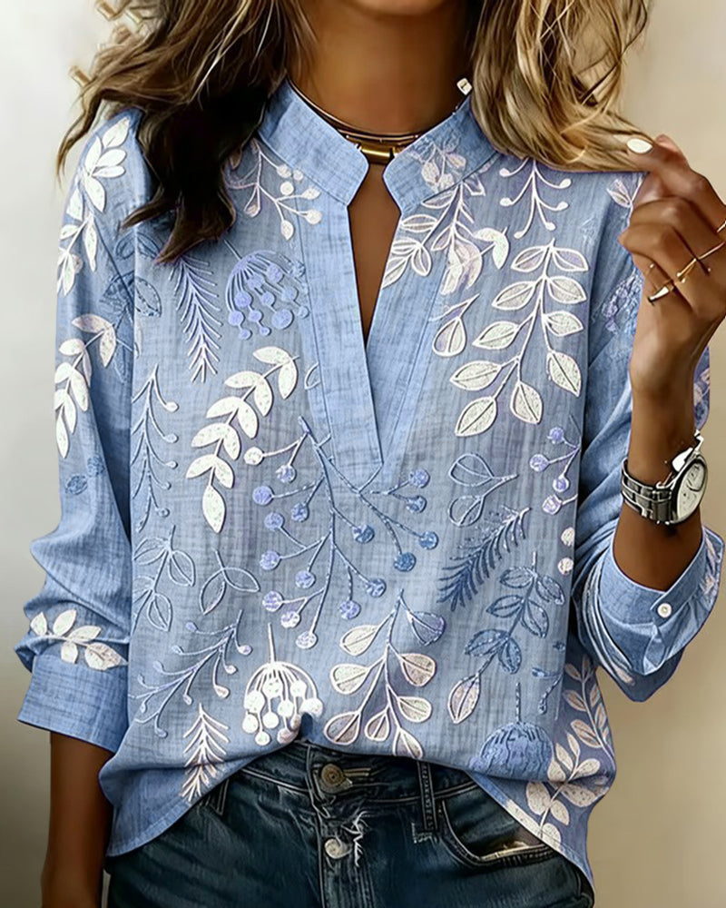 Women's Floral High-Collar Blouse – 3/4 Sleeves, Buttoned Front sleeve detail