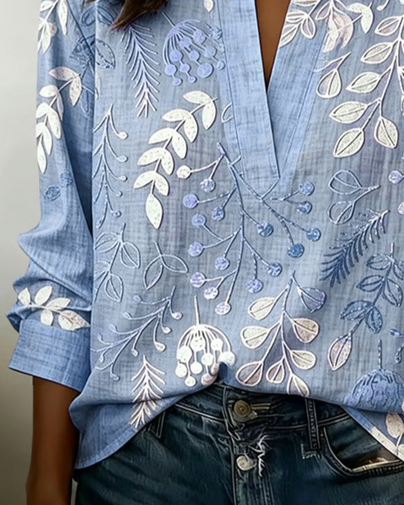 Women's Floral High-Collar Blouse – 3/4 Sleeves, Buttoned Front floral print close-up
