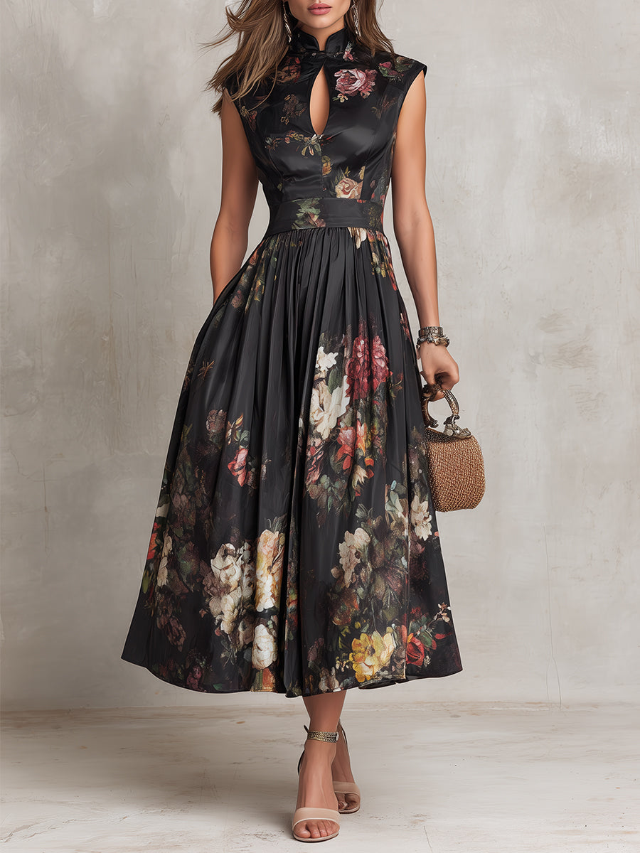Women's Floral Keyhole Midi Dress – Pleated Skirt, Collared Neck front view