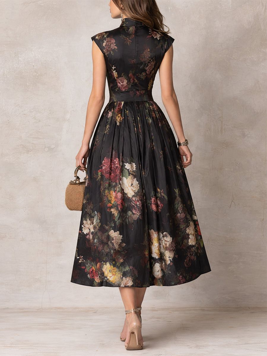 Women's Floral Keyhole Midi Dress – Pleated Skirt, Collared Neck keyhole collar detail