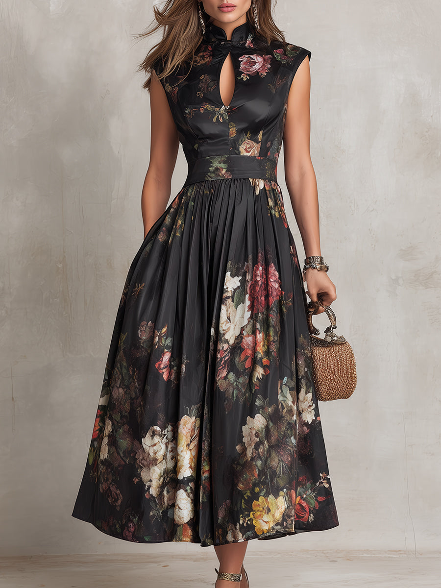 Women's Floral Keyhole Midi Dress – Pleated Skirt, Collared Neck side view