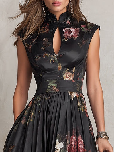 Women's Floral Keyhole Midi Dress – Pleated Skirt, Collared Neck pleated skirt detail