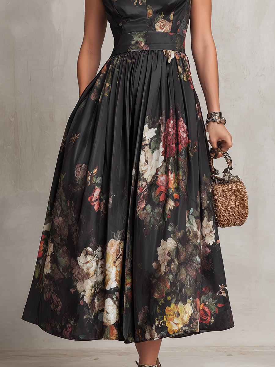 Women's Floral Keyhole Midi Dress – Pleated Skirt, Collared Neck back zip view
