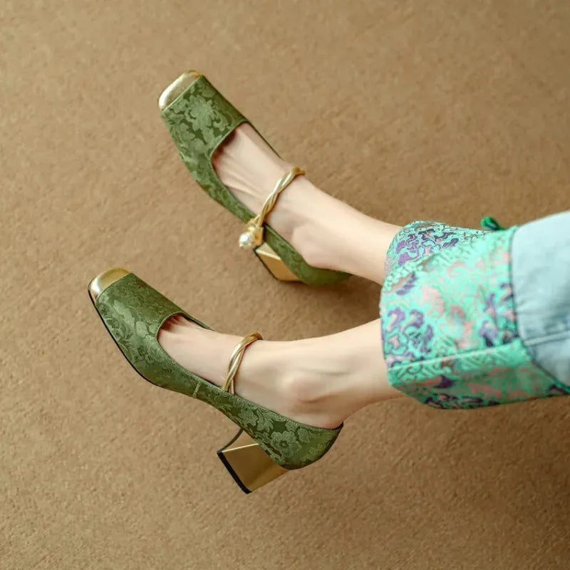 Women's Floral Mary Jane Shoes – Square Toe, Block Heel