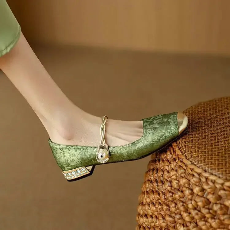 Women's Floral Mary Jane Shoes – Square Toe, Block Heel