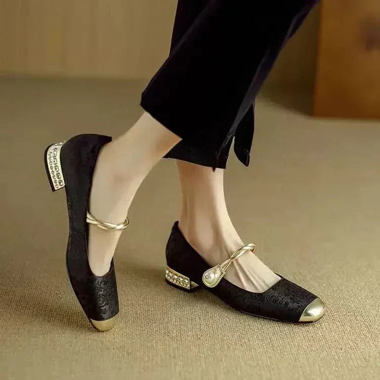 Women's Floral Mary Jane Shoes – Square Toe, Block Heel