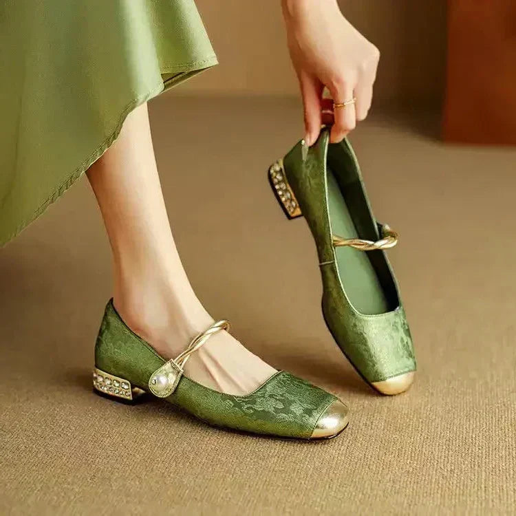 Women's Floral Mary Jane Shoes – Square Toe, Block Heel