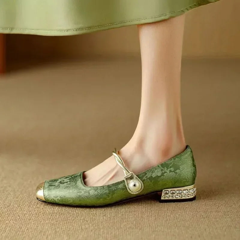 Women's Floral Mary Jane Shoes – Square Toe, Block Heel