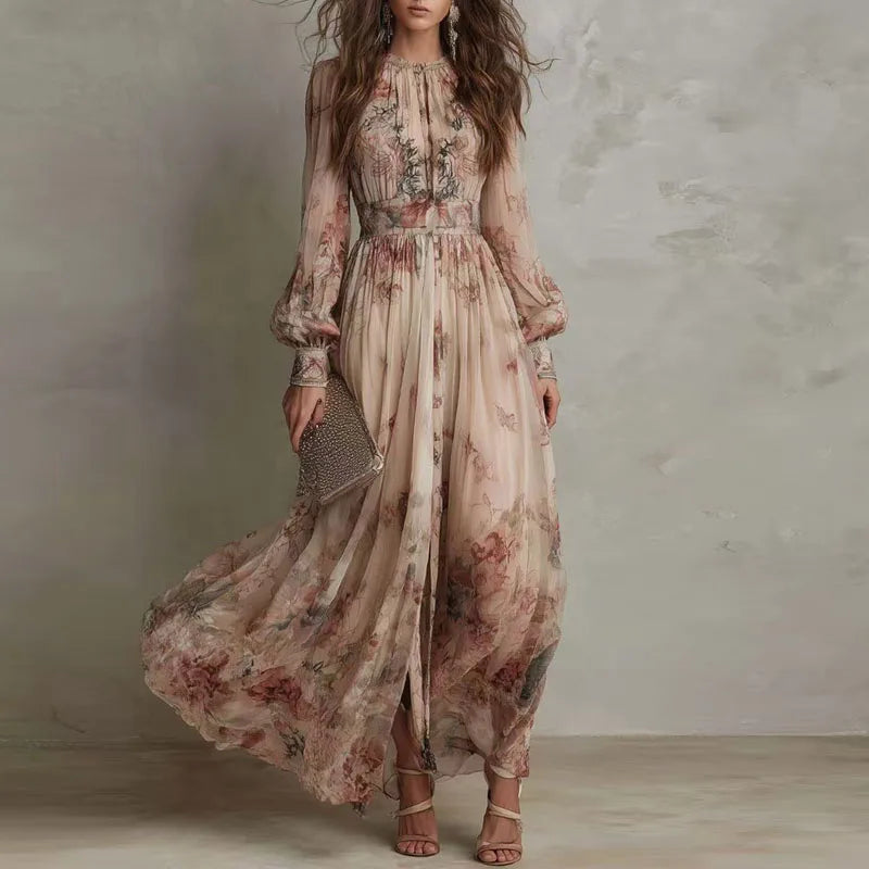 Women's Floral Maxi Dress – V-Neck, Long Sleeve High-Waist front view